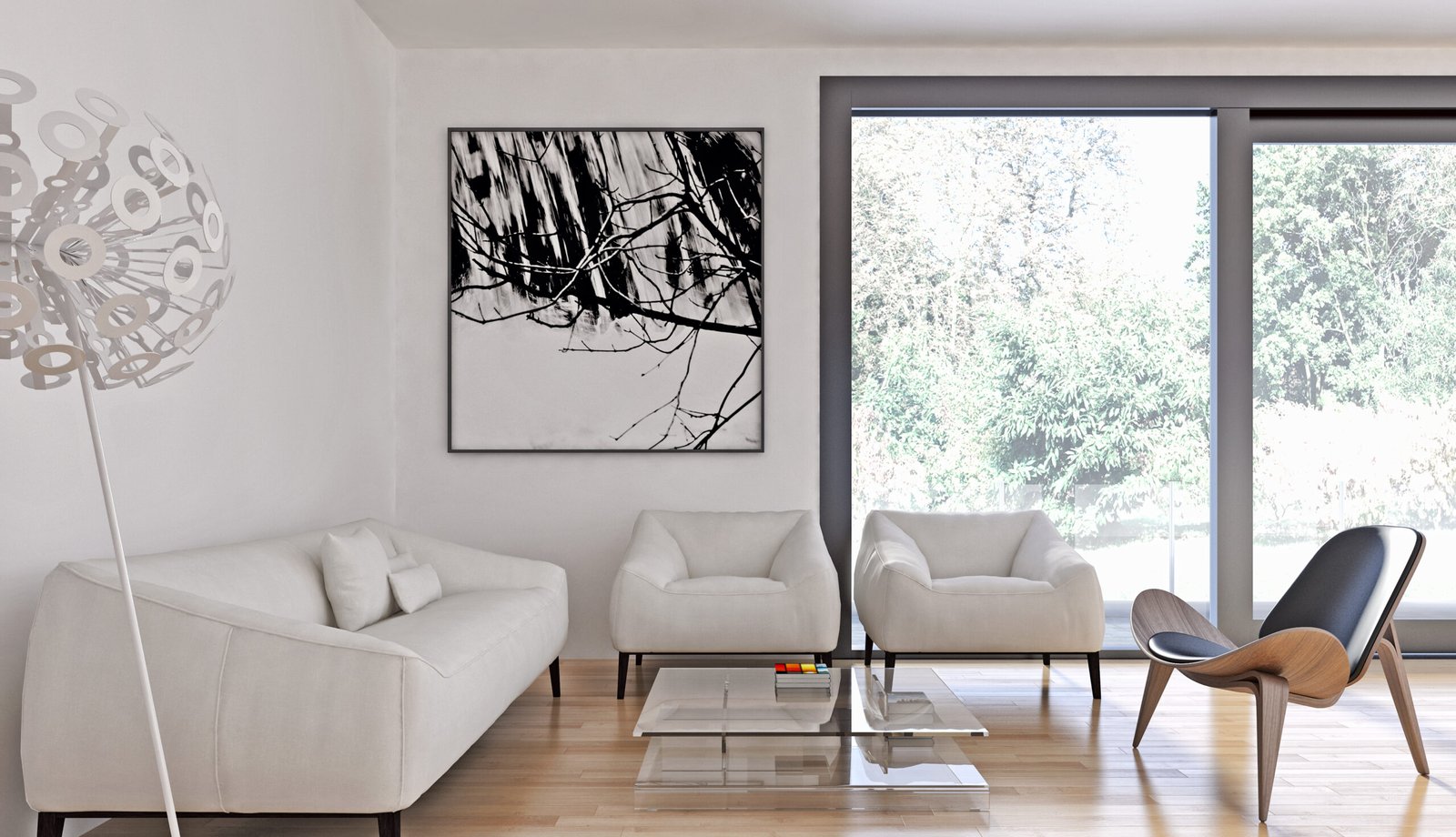 black and white monochromatic living room