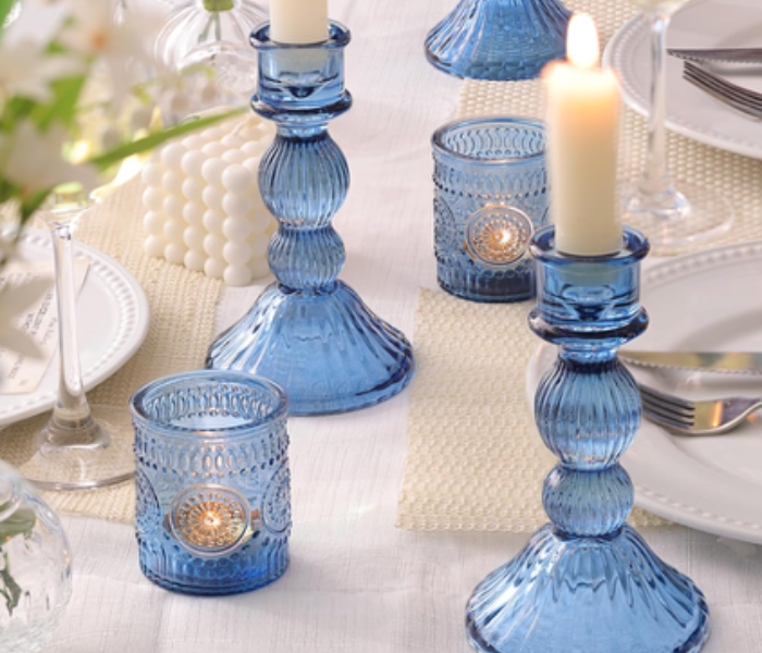 blue glass candle holder