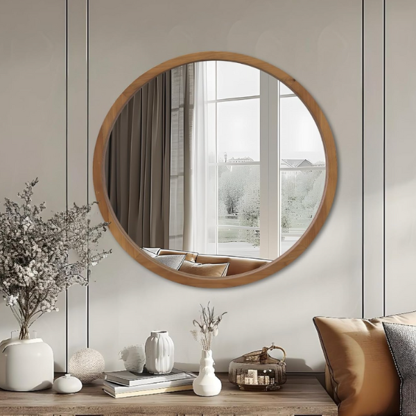 wood framed round mirror